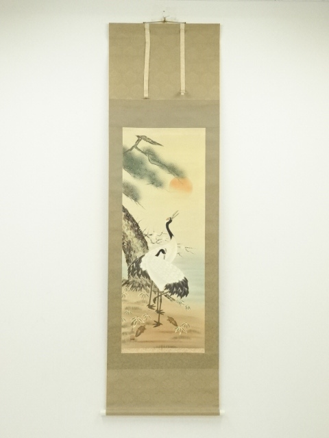 JAPANESE HANGING SCROLL / HAND PAINTED / TURTLE & CRANE